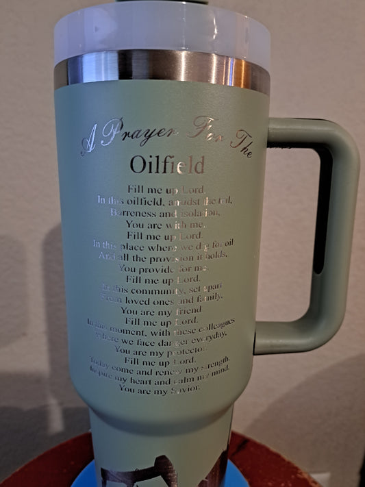 40oz Oilfield Prayer stainless steel insulated tumbler with handle