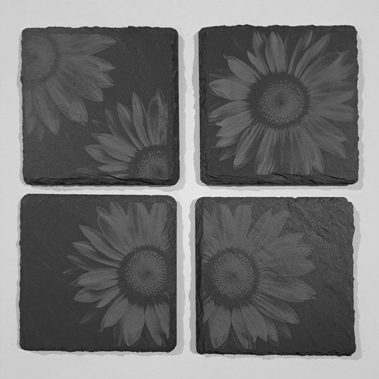 Laser engraved sunflower slate coasters